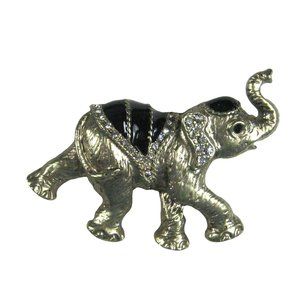 Circus Elephant Brooch Silvertone Pin Animal Circus Rhinestones Black Enamel 2"